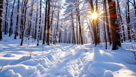 A serene winter landscape featuring a snowy forest with tall trees and warm sunlight filtering through branches, creating a tranquil atmosphere.の素材
