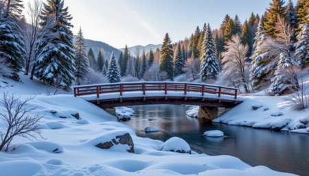A beautiful winter scene featuring a wooden bridge over a snow-covered stream, surrounded by frosted trees and majestic mountains, capturing the essence of tranquility.の素材