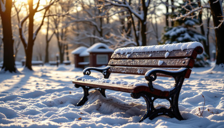 A tranquil winter scene featuring a snow-covered park bench surrounded by trees. Soft sunlight filters through branches, creating a serene atmosphere.の素材