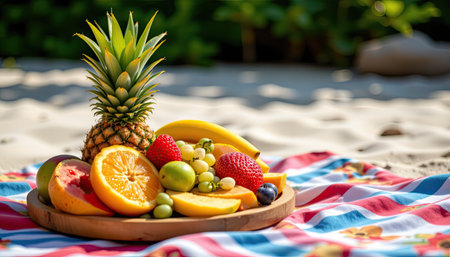A vibrant assortment of fresh fruits including pineapple, bananas, and strawberries placed on a wooden plate. Set against a colorful picnic cloth, this fresh arrangement is perfect for outdoor summer enjoyment.の素材