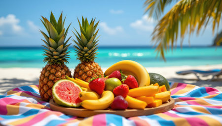 A vibrant arrangement of tropical fruits on a beach setting, featuring pineapple, banana, and watermelon, perfect for summer enjoyment and healthy snacking.の素材