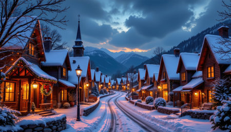 A picturesque winter village scene featuring charming houses adorned with festive lights amid a blanket of snow, surrounded by majestic mountains at dusk.の素材