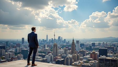 A businessman stands confidently on a rooftop, gazing at a vibrant urban skyline adorned with modern skyscrapers and dynamic clouds, embodying ambition.の素材