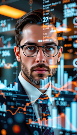 A determined businessman stands poised in a modern office, confidently analyzing financial data through vibrant graphs and charts, symbolizing success.の素材