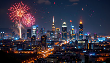 Stunning night view of a vibrant city highlighted by colorful fireworks, showcasing beautiful skyscrapers and an illuminated skyline during a festive celebration.の素材