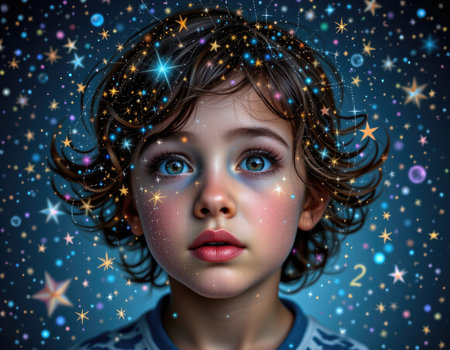 This captivating image features a young child with sparkling eyes and an expression of wonder, surrounded by a mystical starry backdrop, inviting dreams and imagination.の素材