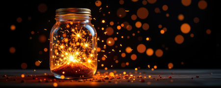 A captivating image of a jar filled with glowing particles and sparks, creating a magical atmosphere. The dark background enhances the enchantment and warmth, perfect for themes of celebration and creativity.の素材