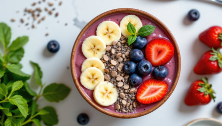 A delicious smoothie bowl topped with fresh bananas, strawberries, blueberries, and chia seeds. Perfect for a healthy breakfast or snack option.の素材