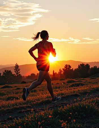A dynamic silhouette of a woman running against a breathtaking sunset, surrounded by a serene landscape, symbolizing health and vitality.の素材