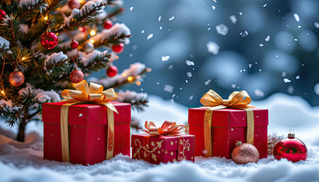A cozy winter scene featuring beautifully wrapped festive gifts beneath a decorated Christmas tree, surrounded by gentle snowfall, evoking holiday joy and warmth.の素材