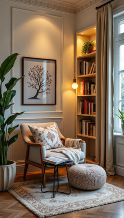 This inviting living room corner features a stylish chair, bookshelf, and serene decor. The natural light enhances comfort, creating a perfect relaxation spot.の素材