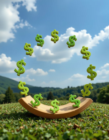 This creative image features vibrant green dollar signs elegantly balanced on a wooden base. Set against a stunning blue sky and lush greenery, it symbolizes financial growth and stability.の素材