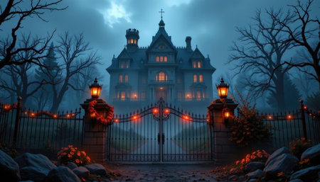An enchanting spooky manor shrouded in fog, featuring a gothic architecture, illuminated by lanterns. A perfect setting for mystery and horror themes.の素材