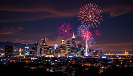 A vibrant fireworks show illuminating the city skyline at night, showcasing a stunning display of colors and lights in a festive atmosphere. Perfect for celebration themes.の素材