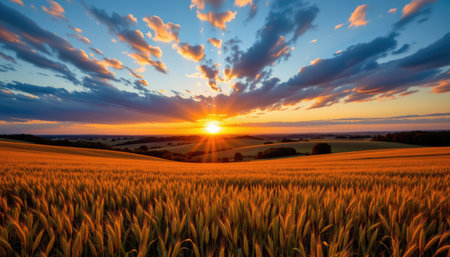 A breathtaking sunrise view over a golden field, showcasing vibrant colors and dramatic clouds. Perfect for evoking feelings of tranquility and beauty in nature.の素材