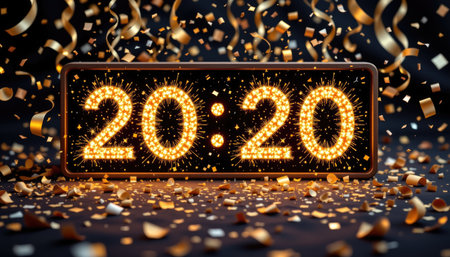 A vibrant digital clock displaying 20:20 amidst a cascade of golden confetti and sparkles. Perfect for New Year celebrations, parties, and festive events.の素材