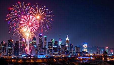 A stunning city skyline illuminated by colorful fireworks at night. The scene captures a vibrant celebration, showcasing the beauty of urban festivities.の素材