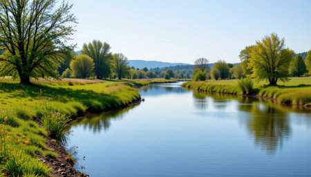 A peaceful river flows through a vibrant green landscape, reflecting the clear blue sky and surrounded by lush trees. Perfect for capturing nature's beauty.の素材