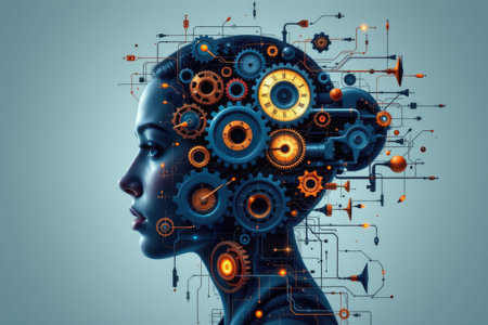 This striking image showcases a profile of a person surrounded by mechanical gears and technology, symbolizing the convergence of human creativity and artificial intelligence.の素材