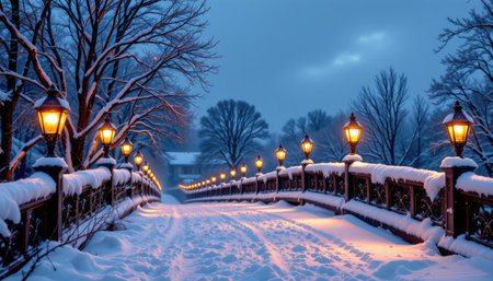 A serene winter pathway bridges through a snowy landscape, illuminated by warm lamps under a calm evening sky. The scene evokes peace and tranquility.の素材