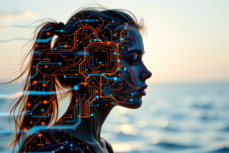A stunning profile of a woman set against a serene ocean sunset, with digital circuit patterns illustrating the merging of technology and nature.の素材