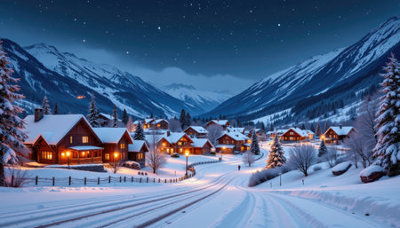 A serene winter village scene at night, showcasing cozy homes illuminated by warm lights against a backdrop of snowy mountains and a starry sky.の素材