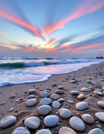 A stunning beach scene captures smooth white pebbles in the foreground with waves gently lapping at the shore. The vibrant sunset sky features colorful clouds, creating a serene atmosphere perfect for relaxation and contemplation.の素材