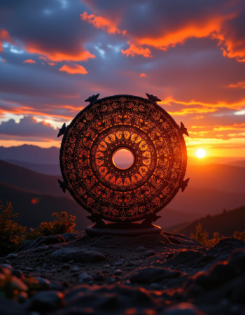An ornate symbolic design positioned against a stunning sunset over mountains creates a captivating contrast with warm colors and natural beauty.の素材