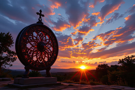A breathtaking scenery of a vibrant sunset over a distant horizon with an ornate wheel silhouette enhancing the tranquil atmosphere of the evening.の素材