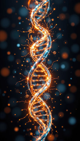 This captivating image features an abstract DNA strand illuminated by vibrant blue and orange particles, representing the essence of life and science.の素材