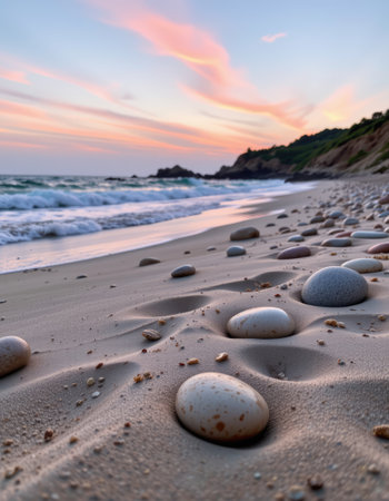 A serene beach scene at sunset, showcasing unique pebbles scattered along the sandy shore with gentle waves lapping at the coast, inviting tranquility.の素材