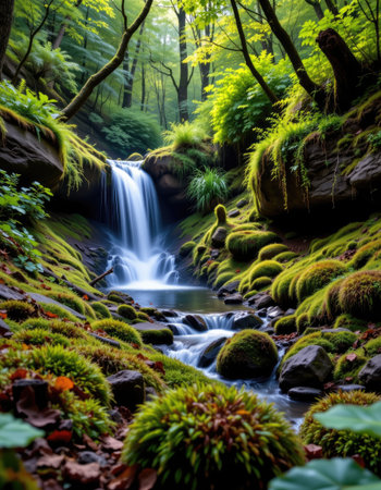 A serene waterfall cascades through moss-covered rocks, creating a peaceful atmosphere in a lush forest. Sunlight filters through vibrant foliage, inviting exploration.の素材