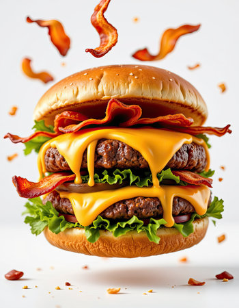 This visually stunning image showcases a triple layer cheeseburger filled with crispy bacon and fresh lettuce. The clean white background enhances the presentation, making it an ideal choice for food-related projects or menus.の素材