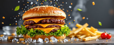 A visually appealing triple cheeseburger featuring layers of melted cheese, fresh lettuce, and crispy fries, perfect for a tempting food photo.の素材