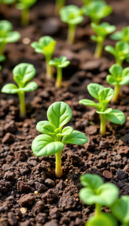 Young green seedlings thrive in rich soil, showcasing the beauty of natureの素材