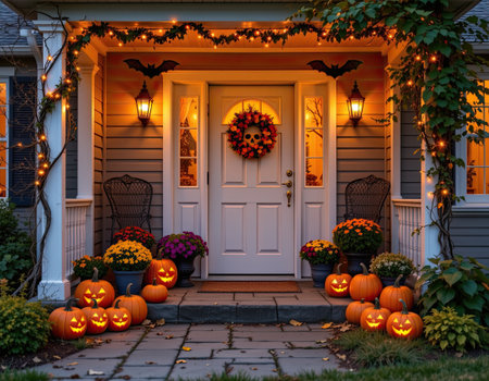 This enchanting Halloween scene features a beautifully decorated front door with carved pumpkins, autumn flowers, and festive lighting, creating a cozy atmosphere.の素材