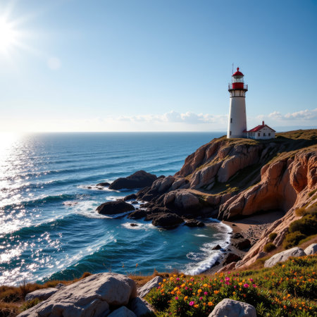 A breathtaking view of a lighthouse standing tall on cliffs by the ocean. The warm sunlight illuminates the waves, flowers, and serene landscape, creating a perfect moment.の素材