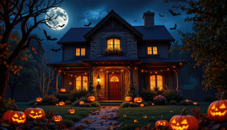 Experience the enchanting atmosphere of a Halloween night featuring a beautifully decorated house with glowing Jack-o'-Lanterns and bats.の素材