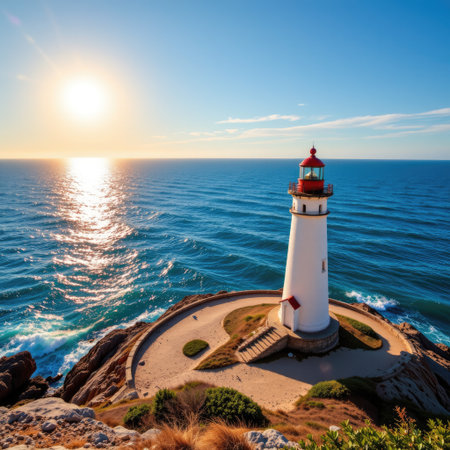 A stunning coastal lighthouse stands tall against a vivid sunset, casting reflections on calm waters, creating a tranquil and picturesque scene.の素材