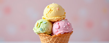 A delicious arrangement of three colorful ice cream scoops in a waffle cone, featuring pastel hues, perfect for summer celebrations or fun dessert moments.の素材