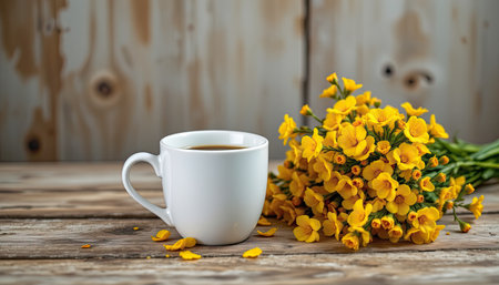 This beautiful scene captures a cup of coffee next to a vibrant bouquet of yellow flowers, set against a rustic wooden table, evoking warmth and tranquility.の素材