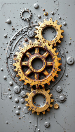Captivating vintage industrial design featuring rusty gears and mechanical elements on a textured background. An eye-catching piece ideal for creative projects.の素材
