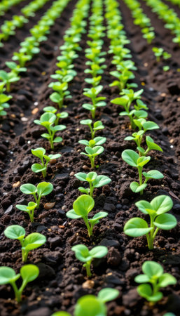 Rows of healthy green seedlings emerge from rich dark soil, showcasing the beauty of agriculture and the importance of nurturing plant life.の素材