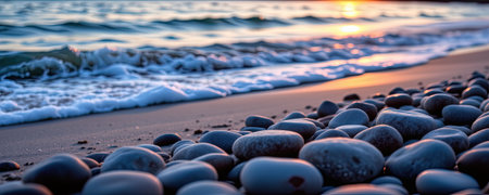 A peaceful beach scene featuring smooth pebbles scattered along the shoreline, with gentle waves lapping at the sand during a stunning sunset.の素材