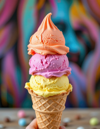 A captivating ice cream cone featuring three delightful scoops in vibrant orange, pink, and yellow. The enchanting colors pop against a colorful background, evoking feelings of summer and joy. Perfect for visual storytelling about desserts and sweet experiences.の素材