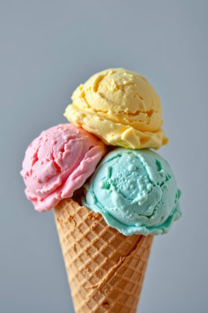 This image features a delicious waffle cone filled with three vibrant scoops of ice cream in pastel shades of pink, yellow, and blue, perfect for warm days.の素材