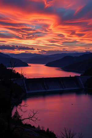This stunning image captures a vibrant sunset over tranquil waters, showcasing a colorful sky with dramatic clouds and reflections in the water.の素材