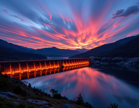 A stunning sunset casts vibrant colors over a water reservoir, with dramatic clouds reflecting in the calm surface, creating a serene mountain vista.の素材