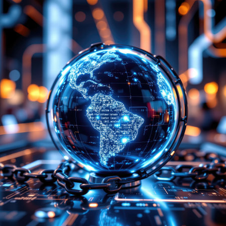 A striking digital globe surrounded by chains, representing the interconnectedness of data in a high-tech environment. This image embodies themes of security, technology, and global connectivity.の素材