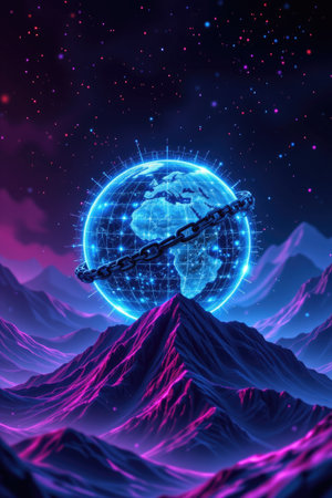 A stunning digital artwork featuring a glowing globe encircled by chains, set against a vibrant mountain landscape under a starry night sky.の素材